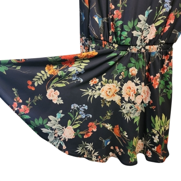 Express Long Sleeve V Neck Dress Blue Floral Birds Tropical Mini Length Small - Picture 6 of 11